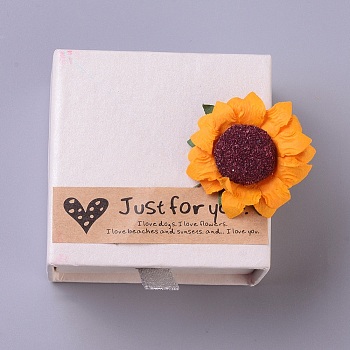 Cardboard Jewelry Ring Box, with Paper Flower and Stickers, Square, Linen, 6.05x6.1x3.65cm