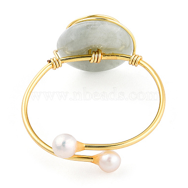 Natural Jadeite Open Cuff Ring with Pearl Beaded(RJEW-T026-01G)-5