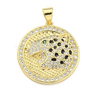 Brass Micro Pave Cubic Zirconia Pendants, Enamel Flat Round with Leopard Head Charms, Real 18K Gold Plated, 23x21x4mm, Hole: 4x3mm(KK-K354-10G)