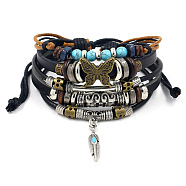 Fashionable multi-layer alloy beaded turquoise woven bracelet with simple butterfly decoration leather bracelet(AO9489-10)