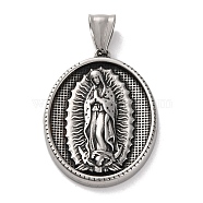 304 Stainless Steel Pendants, Antique Silver, Oval Charm, Virgin Mary, 35.5x26x4mm, Hole: 9x4.5mm(STAS-U021-10AS-02)