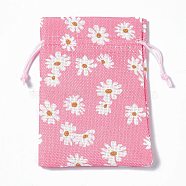 Burlap Packing Pouches Drawstring Bags, Rectangle, Hot Pink, Flower, 13.5~14x10x0.35cm(ABAG-L016-A11)