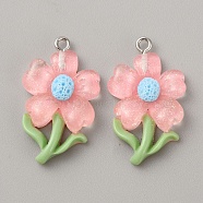 Translucent Resin Pendants, Glitter Flower Charms with Platinum Plated Iron Loops, Misty Rose, 30x19x5.5mm, Hole: 1.5mm(RESI-TAC0004-32P-04)
