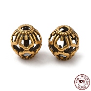 925 Sterling Silver Beads, Hollow Round, with S925 Stamp, Antique Golden, 8x7.5mm, Hole: 2mm(STER-M113-26AG)