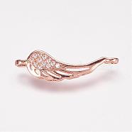 Brass Micro Pave Cubic Zirconia Links, Wing, Rose Gold, 8.5x26.5x2mm, Hole: 2mm(ZIRC-P049-01RG)