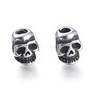 Halloween 304 Stainless Steel Beads, Skull Head, Antique Silver, 7x5.5x5mm, Hole: 1.8mm(STAS-M274-097AS)