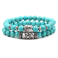 2Pcs Synthetic Turquoise Stretch Bracelet Sets for Women Men, with Tibetan Style Alloy Beads, 2pcs/set(IX3190-1)