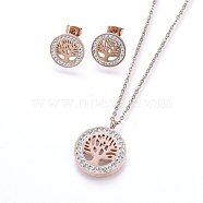 304 Stainless Steel Jewelry Sets, Pendant Necklaces and Stud Earrings, with Polymer Clay Rhinestone, Flat Round with Tree of Life, Rose Gold, 17.32 inches(44cm); 14x2mm; Pin: 0.8mm(SJEW-H143-04RG)