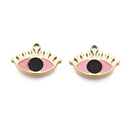 Ion Plating(IP) 316L Surgical Stainless Steel Pendants, Nickel Free, with Enamel, Real 18K Gold Plated, Eye Charm, Pink, 9x13x1.5mm, Hole: 1.2mm(STAS-D035-05A-G-01)