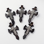 Cross Polymer Clay Rhinestone Big Pendants, with Cowhide and Antique Golden Tone Brass Findings, Coconut Brown, 89~91x48~50x9~11mm, Hole: 7mm(RB-K042-01)