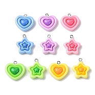 Opaque Resin Pendants, Heart/Star Charms with Platinum Plated Iron Loops, Mixed Color, Mixed Shapes, 21~22x19.5~21x6.5mm, Hole: 2mm(RESI-P039-02A)