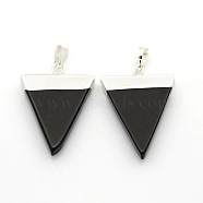 Gemstone Triangle Pendants, with Silver Color Plated Brass Findings, Black Agate, 34x22~28x4mm, Hole: 8x5mm(G-P053-P15C)