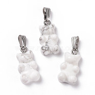 Natural Howlite Pendants, with Stainless Steel Color Tone 201 Stainless Steel Findings, Bear, 27.5mm, Hole: 2.5x7.5mm, Bear: 21x11x6.5mm(G-G854-01P-02)