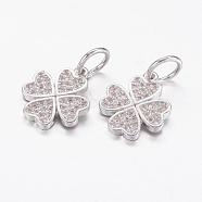 Brass Micro Pave Cubic Zirconia Pendants, Clover, Real Platinum Plated, 14.5x12x1.5mm, Hole: 5mm(ZIRC-P064-12P)