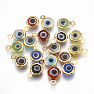 Handmade Lampwork Charms, with 304 Stainless Steel Findings, Flat Round with Evil Eye, Golden, 9.5x6.5x2.5mm, Hole: 1.5mm(X-STAS-T041-01G)