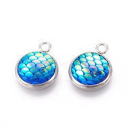 Resin Pendants, with 304 Stainless Steel Finding, Flat Round with Mermaid Fish Scale Shaped, Stainless Steel Color, Deep Sky Blue, 18x14x3.5mm, Hole: 2mm(X-RESI-L024-06)