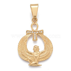 304 Stainless Steel Pendants, with Clear Micro Pave Cubic Zirconia, Religion, Winged Goddess with Ankh Cross, Golden, 40.5x28.5x2.5mm, Hole: 8x11mm(STAS-K214-20G)