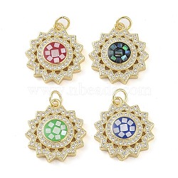 Brass Micro Pave Clear Cubic Zirconia Pendants, with Enamel and Shell & Jump Ring, Real 18K Gold Plated, Sun Charm, Mixed Color, 20.5x18.5x4mm, Hole: 3.3mm(KK-Q813-01G)
