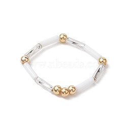 Glass Bugle & Brass Beads Stretch Rings for Women, with Elastic Crystal Thread, White, 2~2.5mm, Inner Diameter: 20mm(RJEW-JR00692)