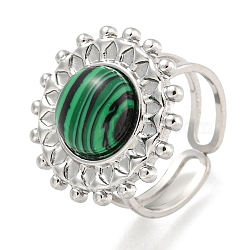 304 Stainless Steel Synthetic Malachite Cuff Rings, Flower Open Rings for Women, Flower, Stainless Steel Color, 20.5mm, Inner Diameter: Adjustable(G-Z056-08P-03)