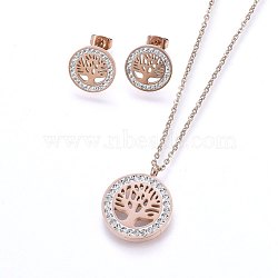 304 Stainless Steel Jewelry Sets, Pendant Necklaces and Stud Earrings, with Polymer Clay Rhinestone, Flat Round with Tree of Life, Rose Gold, 17.32 inch(44cm), 14x2mm, Pin: 0.8mm(SJEW-H143-04RG)