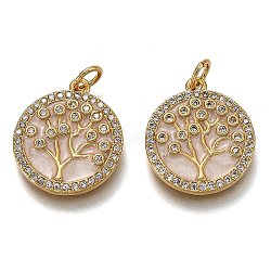 5Pcs Brass Micro Pave Clear Cubic Zirconia Pendants, Long-Lasting Plated, with Jump Rings & Pink Enamel, Flat Round with Tree of Life, Real 18K Gold Plated, 18x16x2.4mm, Hole: 3.2mm(ZIRC-SZ0002-23)
