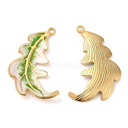 304 Stainless Steel Enamel Pendants, Real 18K Gold Plated, Feather Charm, Yellow Green, 38x27x3mm, Hole: 2mm(STAS-K256-14G-01)