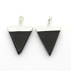 Gemstone Triangle Pendants, with Silver Color Plated Brass Findings, Black Agate, 34x22~28x4mm, Hole: 8x5mm(G-P053-P15C)