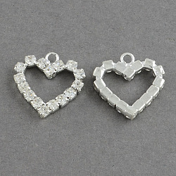 Shining Heart Brass Grade A Crystal Rhinestone Pendants, Silver Color Plated, Crystal, 19x17x2.5mm, Hole: 2mm(RB-R008-06)