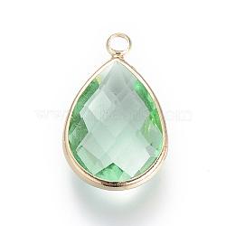 Glass Pendants, with Brass Findings, Faceted, Drop, Light Gold, Medium Sea Green, 18x10.5x4.5mm, Hole: 1.8~2.3mm(GLAA-S110-B-02)