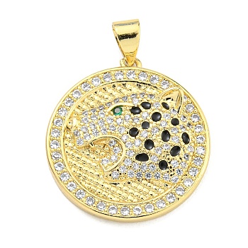 Brass Micro Pave Cubic Zirconia Pendants, Enamel Flat Round with Leopard Head Charms, Real 18K Gold Plated, 23x21x4mm, Hole: 4x3mm