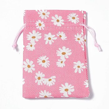 Burlap Packing Pouches Drawstring Bags, Rectangle, Hot Pink, Flower, 13.5~14x10x0.35cm