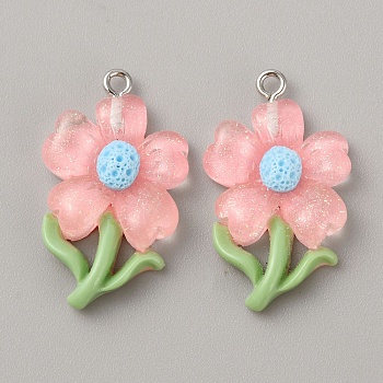 Translucent Resin Pendants, Glitter Flower Charms with Platinum Plated Iron Loops, Misty Rose, 30x19x5.5mm, Hole: 1.5mm