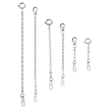 6Pcs 6 Style Sterling Silver Cable Chain Extender, End Chains with Lobster Claw Clasps and Chain Tab, Silver, 27~79mm, 1Pc/size