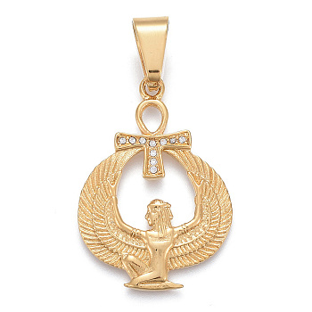 304 Stainless Steel Pendants, with Clear Micro Pave Cubic Zirconia, Religion, Winged Goddess with Ankh Cross, Golden, 40.5x28.5x2.5mm, Hole: 8x11mm