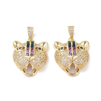 Brass Micro Pave Cubic Zirconia Pendants, Leopard Charms, Real 16K Gold Plated, 26x22x9mm, Hole: 7x3mm
