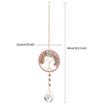 Tree of Life Hanging Crystal Prisms Suncatcher with Natural Citrine Chips, Chain Pendant Hanging Decor , Salmon, 460mm