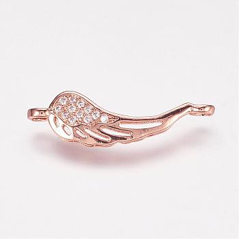 Brass Micro Pave Cubic Zirconia Links, Wing, Rose Gold, 8.5x26.5x2mm, Hole: 2mm
