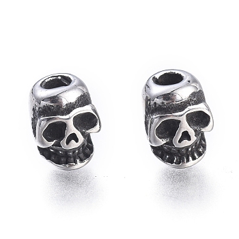 Halloween 304 Stainless Steel Beads, Skull Head, Antique Silver, 7x5.5x5mm, Hole: 1.8mm