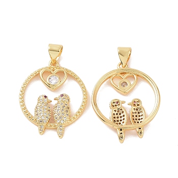 Brass Micro Pave Cubic Zirconia Pendants, Ring with 2 Birds & Heart Charm, Golden, 29x20x3mm, Hole: 5x3mm