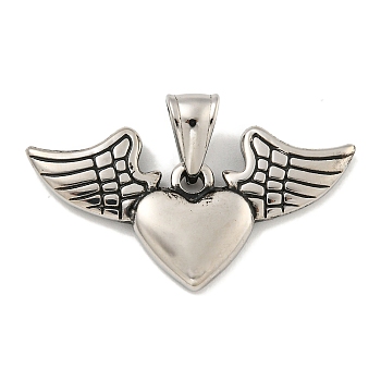 316 Surgical Stainless Steel Pendants, Heart with Wing Charm, Antique Silver, 20x39.5x3.5mm, Hole: 4x9.5mm