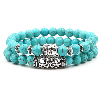 2Pcs Synthetic Turquoise Stretch Bracelet Sets for Women Men, with Tibetan Style Alloy Beads, 2pcs/set