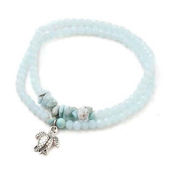 Stretch Bracelets Sets, Stackable Bracelets, with Sea Turtle Alloy Pendants, Rondelle Glass Beads, Natural Larimar & Turquoise(Dyed) Beads, Antique Silver, Light Cyan, Inner Diameter: 2-1/8 inch(5.5cm), 2pcs/set