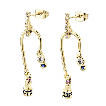 Brass Micro Pave Cubic Zirconia Dangle Stud Earrings, with Earring Backs, Lipstick, Colorful, Nickel Free, Real 16K Gold Plated, 38mm, Pin: 0.8mm