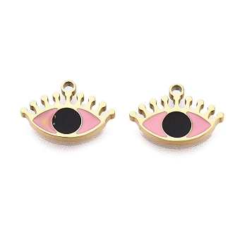 Ion Plating(IP) 316L Surgical Stainless Steel Pendants, with Enamel, Real 18K Gold Plated, Eye Charm, Pink, 9x13x1.5mm, Hole: 1.2mm