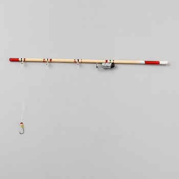 Wood & Iron Miniature Fishing Rod with Reel, Dollhouse Fishing Pole Accessory, Colorful, 176x11x6.5mm