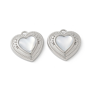 304 Stainless Steel Pendants, Heart Charms, with Shell, Ion Plating(IP), Stainless Steel Color, 15x15x4mm, Hole: 1.5mm