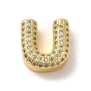 Brass Micro Pave Clear Cubic Zirconia Charms, Real 18K Gold Plated, Letter U, 11.5x11x5mm, Hole: 2mm