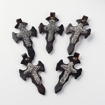 Cross Polymer Clay Rhinestone Big Pendants, with Cowhide and Antique Golden Tone Brass Findings, Coconut Brown, 89~91x48~50x9~11mm, Hole: 7mm