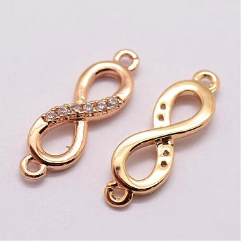 Brass Micro Pave Cubic Zirconia Links, Clear, Infinity, Lead Free & Nickel Free & Cadmium Free, Real 18K Gold Plated, 17x5x2mm, Hole: 0.7mm